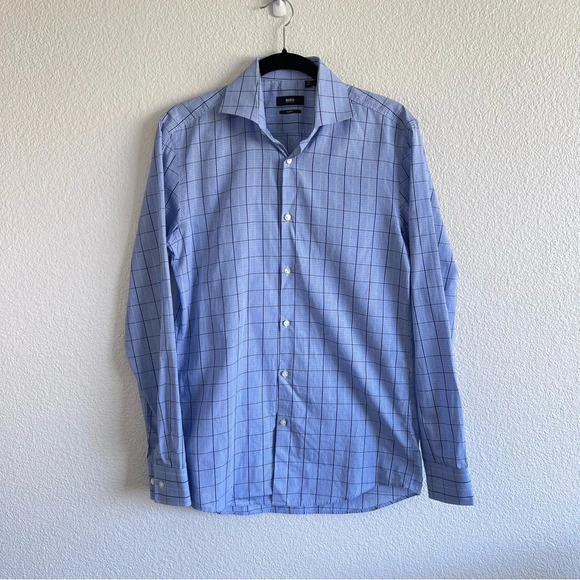 BOSS Men’s Button Down Checkered Blue Shirt - Picture 1 of 8